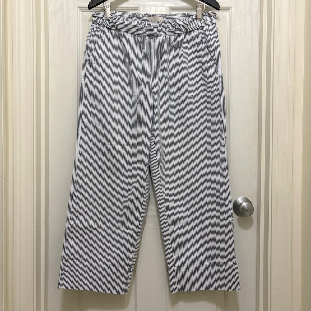 Talbots Striped Wide Leg Cropped Pants M White Blue Elastic Waist Cotton Blend